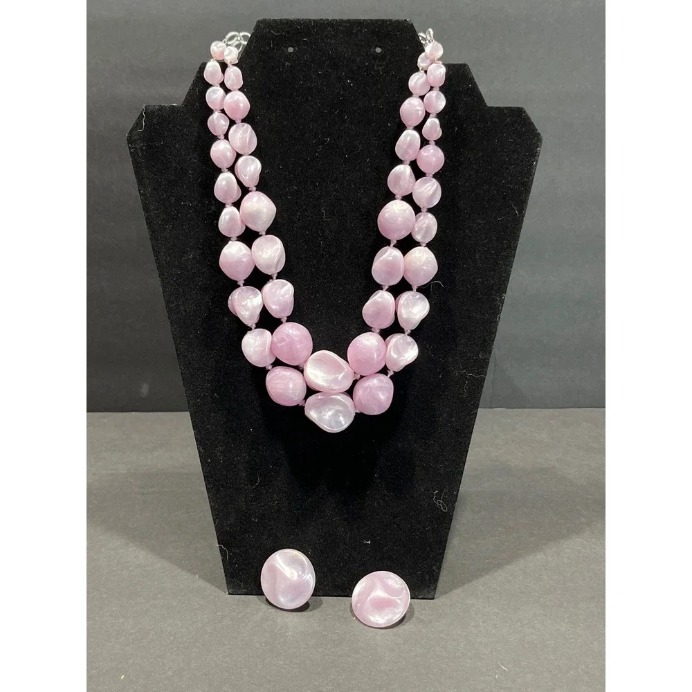 Vintage Lavender Pink Double Strand Beaded Necklace and Clip On Earring Set